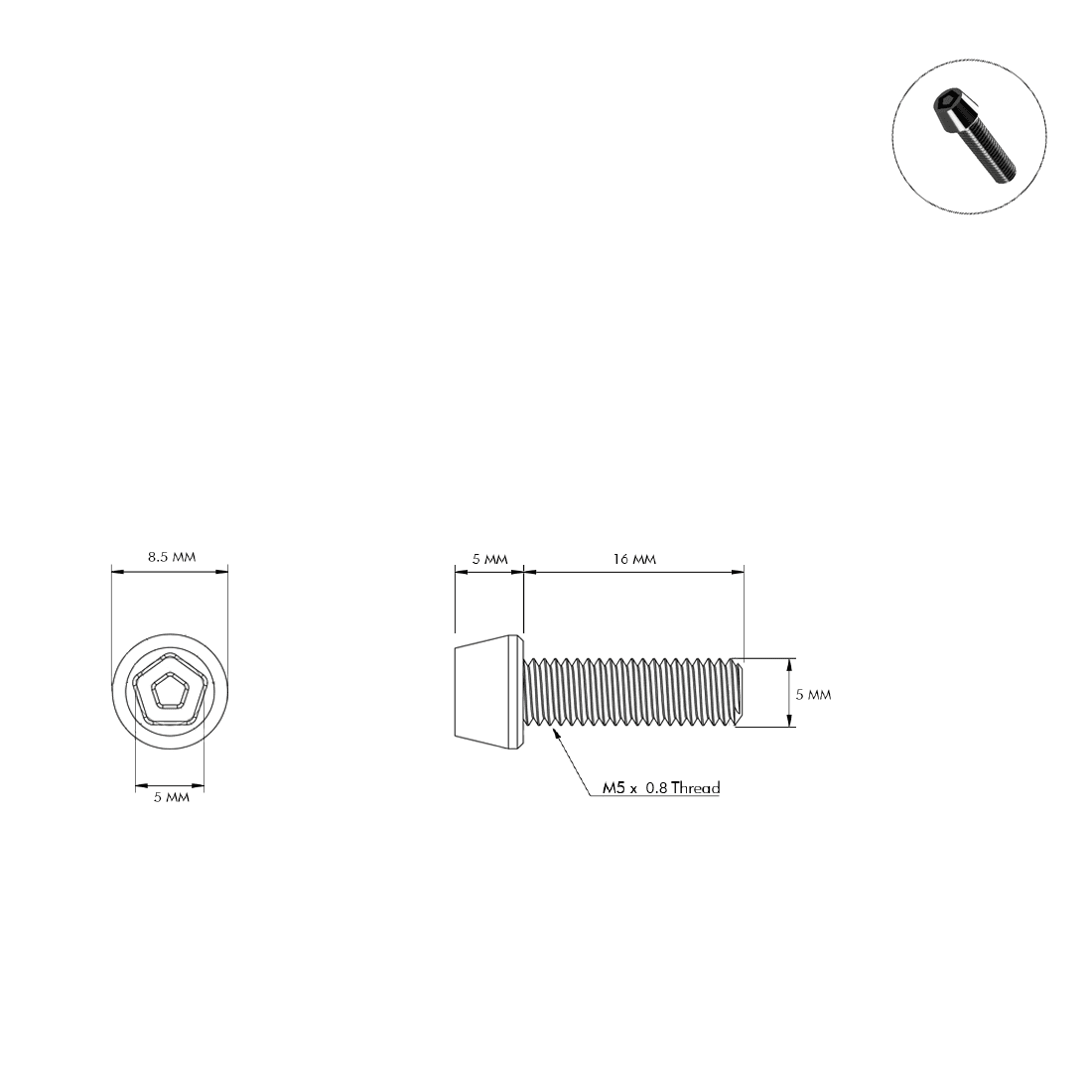 M5-0.8 X 16mm Penta Pin Security Bolts - Bicycle Bolts